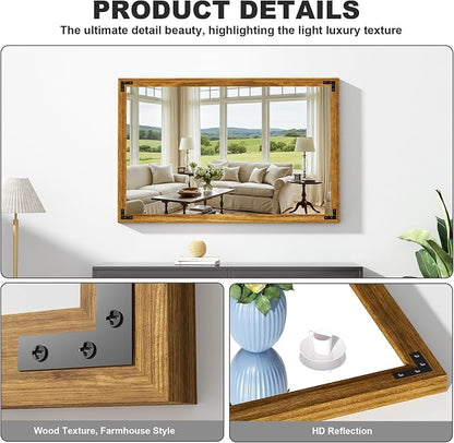 Hasipu Farmhouse Bathroom Mirror, 40"x26" Rustic Wood Framed Wall Mounted Mirror, Walnut Vintage Vanity Mirror Modern Farmhouse Style Decrative Mirrors