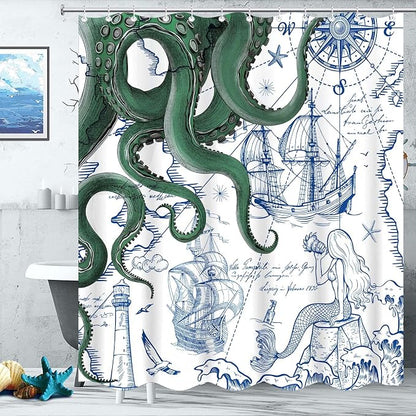 Fungarth Green Nautical Octopus Shower Curtain Navy Blue Mermaid Funny Ocean Kraken Shower Curtains for Bathroom Anchor Coastal Map Waterproof Fabric Bath Curtain Decor with Hooks (Green, 72” x 72”)