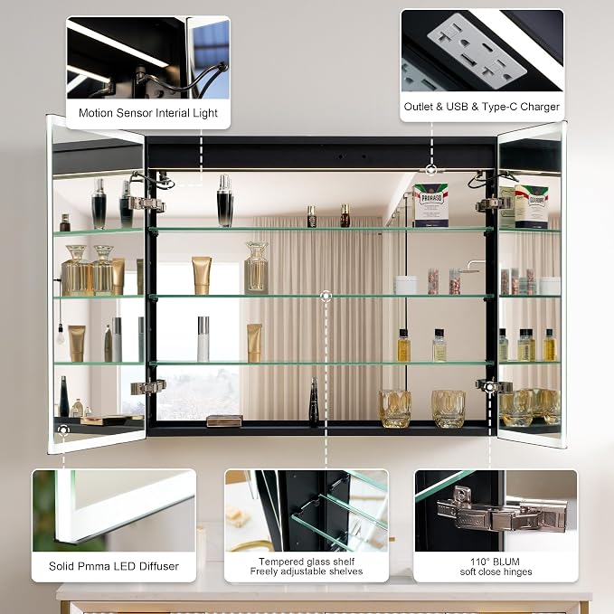 36" X 30" LED Mirrored Medicine Cabinet, Bathroom Medicine Cabinets with Lights for Bathroom, Defogging Function Mirror Cabinet, Medicine Cabinet with USB Port & Outlet, Double Doors