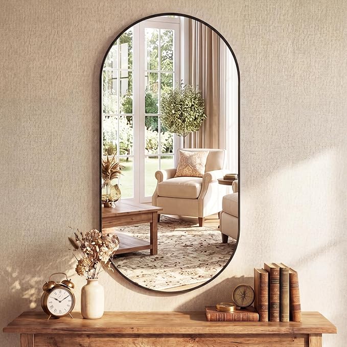 DUMOS 24" x 48" Oval Bathroom Mirror, Black Wall Mirrors with Metal Frame | Tempered Glass, Morden Vanity Mirror for Over Sink, Entryway, Living Room, Bedroom, Horizontal or Vertical