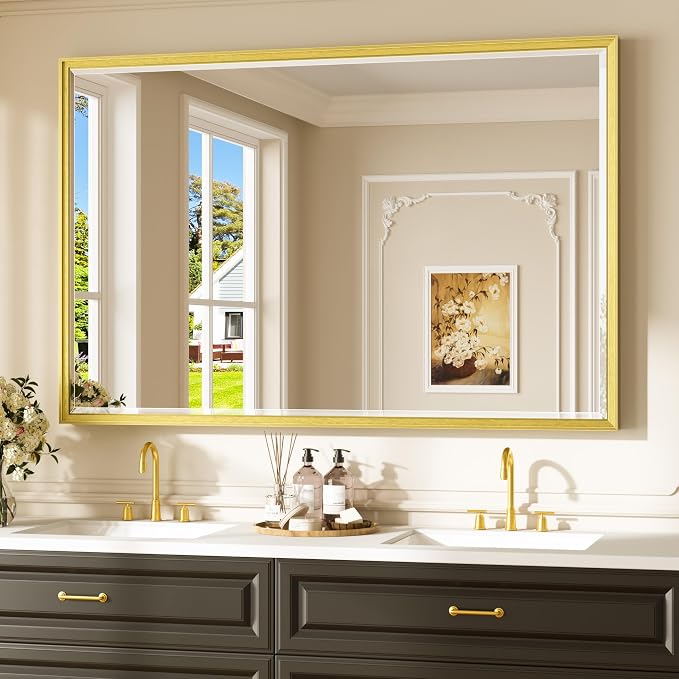 Keonjinn 55" x 36" Gold Bathroom Vanity Mirror, Aluminum Alloy Frame, Large | Safe HD Tempered Glass, Effortless French Cleat Installation, Shatterproof, Gold Vanity Mirror for Over Sink, Dinning Room