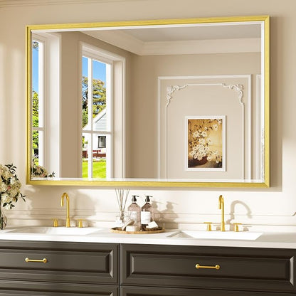 Keonjinn 55" x 36" Gold Bathroom Vanity Mirror, Aluminum Alloy Frame, Large | Safe HD Tempered Glass, Effortless French Cleat Installation, Shatterproof, Gold Vanity Mirror for Over Sink, Dinning Room