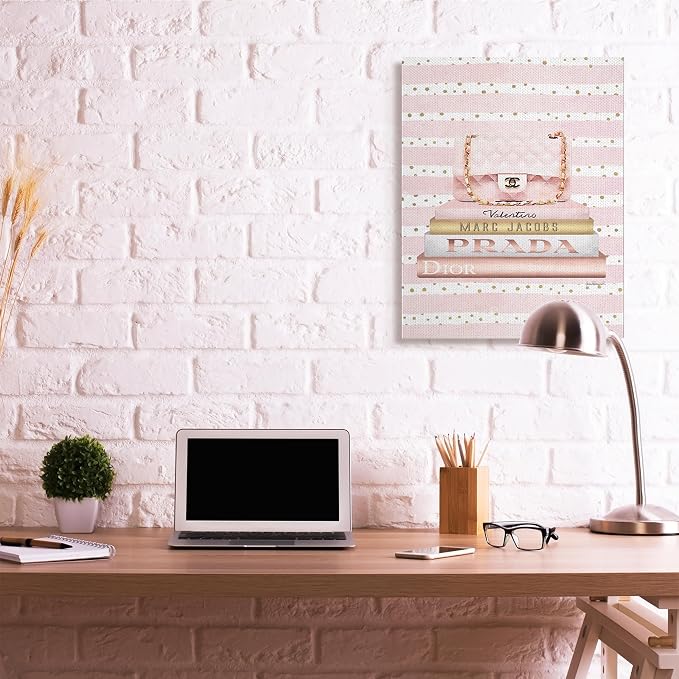 Stupell Industries 'Pink Purse Bookstack over Stripes'| Canvas Art | Stupell Industries | 30 x 40 Inches, Easy to Hang and Sturdy, Made in USA, by Amanda Greenwood