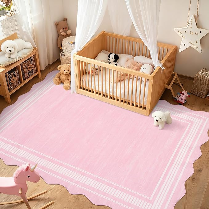 Garvee Scallop Area Rug 5x7 Washable Rugs for Bedroom Neutral Rug Pink | Rugs for Living Room, Non-Slip Soft Carpet for Bedroom, Scalloped Low-Pile Solid Rug Accent Rug for Dining Room Home Office