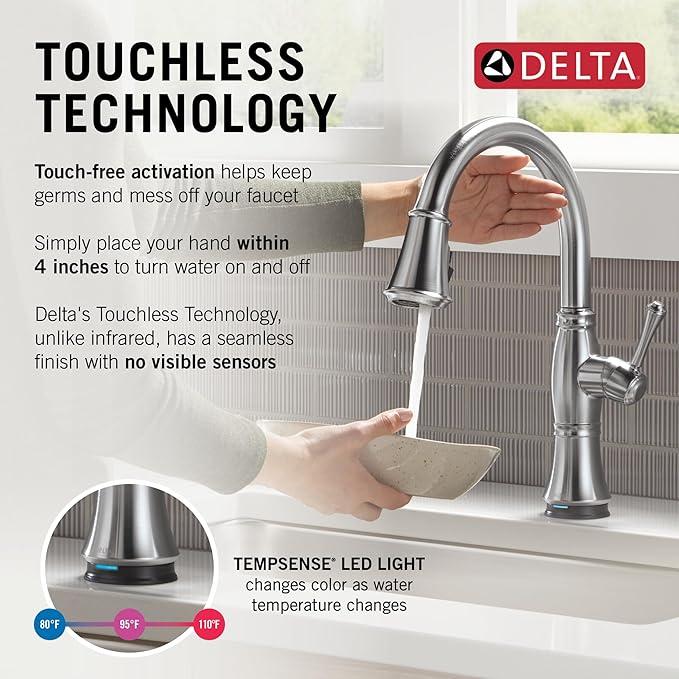 Delta Cassidy Touchless Kitchen Faucet with Touch Technology, Brushed Nickel Kitchen Sink Faucet with Pull Down Sprayer, Single Hole, Lumicoat Arctic Stainless 9197TL-AR-PR-DST