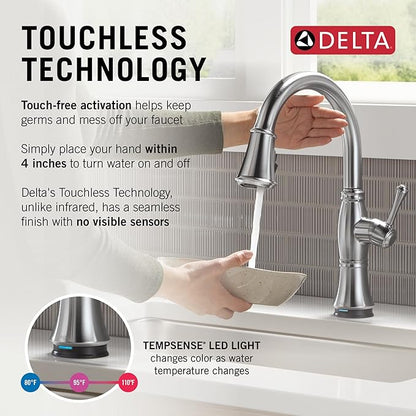 Delta Cassidy Touchless Kitchen Faucet with Touch Technology, Brushed Nickel Kitchen Sink Faucet with Pull Down Sprayer, Single Hole, Lumicoat Arctic Stainless 9197TL-AR-PR-DST