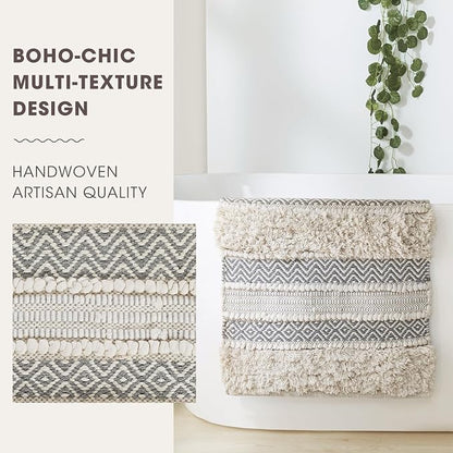 INK+IVY Asher Non-Slip Bath Rug Absorbent Quick Dry Striped, 20 x 32, Grey | Soft Pile, Machine Washable, Striped Pattern, Boho, OEKO-TEX Certified, Hand-Woven Texture, for Bathroom, Shower Room