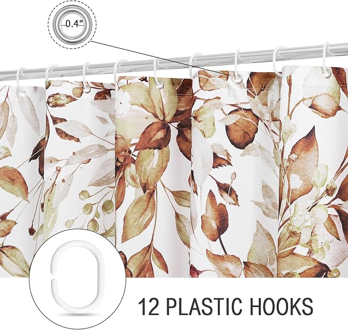 Brown Eucalyptus Shower Curtain, Watercolor Floral Print, 72x78 | Watercolor Plant Leaves Floral Print, Long Waterproof Fabric Bathroom Decor, Machine Washable, Rustproof Grommets