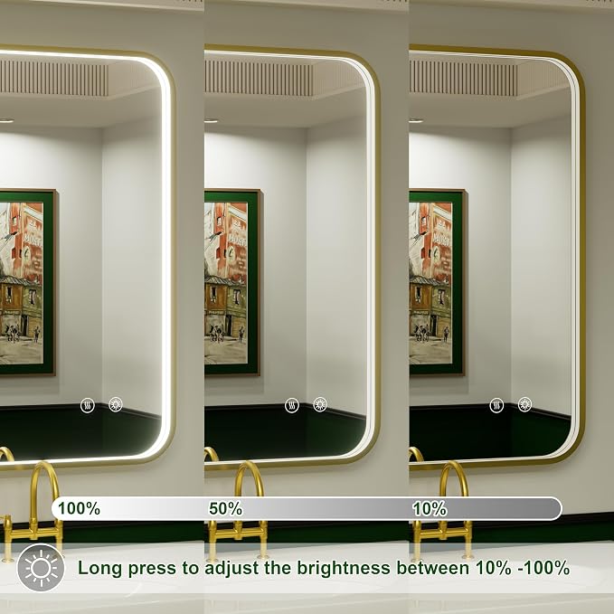 20x28 Inch Gold LED Bathroom Mirror with Lights,3000K/4500K/6000K | Stepless Dimmable, Memory Funtion,Anti-Fog, Aluminum Frame Wall Mount Lighted Bathroom Vanity Mirror, ETL Listed, Waterproof