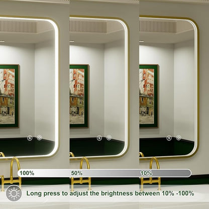 20x28 Inch Gold LED Bathroom Mirror with Lights,3000K/4500K/6000K | Stepless Dimmable, Memory Funtion,Anti-Fog, Aluminum Frame Wall Mount Lighted Bathroom Vanity Mirror, ETL Listed, Waterproof