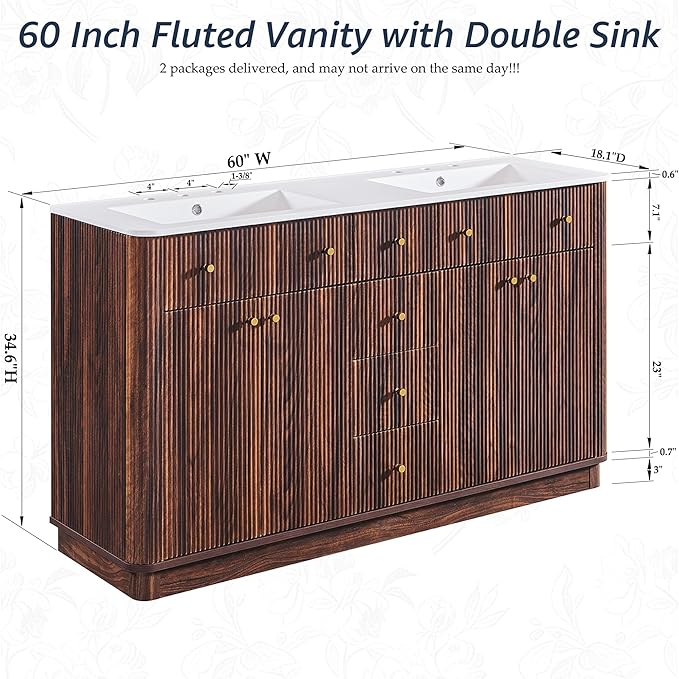 T4TREAM 60 Inch Bathroom Vanity with Sink, Modern Fluted Large Double Sink Bathroom Vanity with 2 Storage Cabinets, Adjustable Shelf, and 3 Small Drawers, Dark Walnut