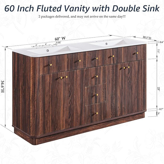 T4TREAM 60 Inch Bathroom Vanity with Sink, Modern Fluted Large Double Sink Bathroom Vanity with 2 Storage Cabinets, Adjustable Shelf, and 3 Small Drawers, Dark Walnut