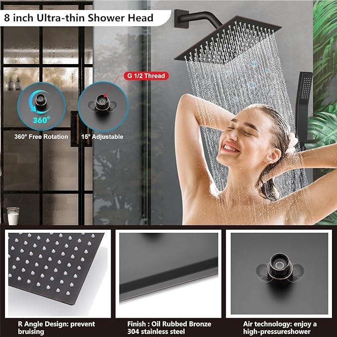 Midanya Shower Faucet Set,Wall Mount Shower System with Square Rain Shower Head and Hand Sprayer, Rough-in Valve Body and Trim Kit Included,8 Inch,Oil Rubbed Bronze