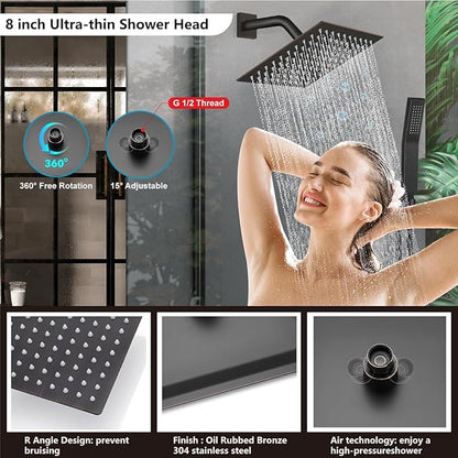 Midanya Shower Faucet Set,Wall Mount Shower System with Square Rain Shower Head and Hand Sprayer, Rough-in Valve Body and Trim Kit Included,8 Inch,Oil Rubbed Bronze