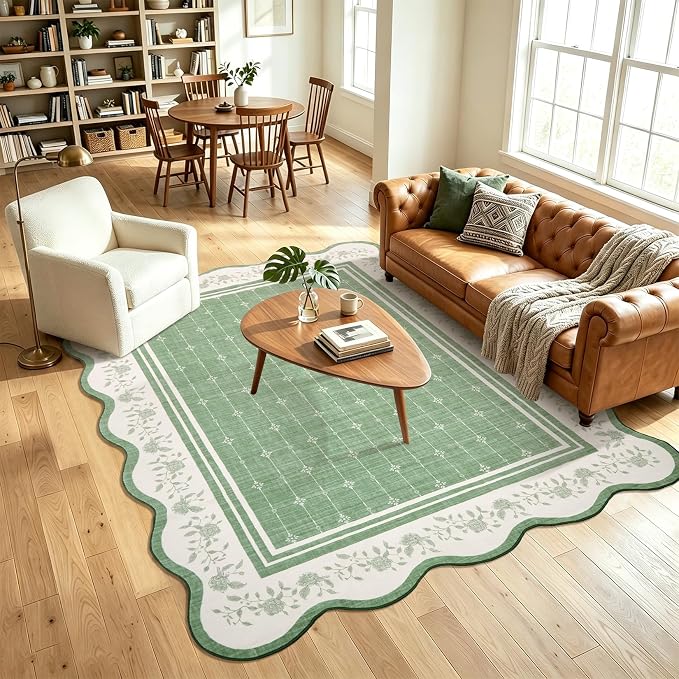 Garvee Scollaped Rugs for Living Room 5x7 Area Rugs for Bedroom Soft Green | Non-Slip Low Pile Neutral Kids Rug Non-Shedding Bordered Nursery Carpet Foldable Thin Mat for Dining Room Kitchen Playroom