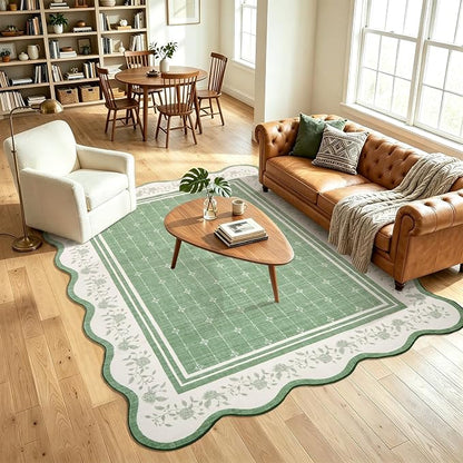 Garvee Scollaped Rugs for Living Room 5x7 Area Rugs for Bedroom Soft Green | Non-Slip Low Pile Neutral Kids Rug Non-Shedding Bordered Nursery Carpet Foldable Thin Mat for Dining Room Kitchen Playroom