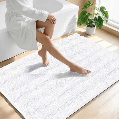 Smiry Thick Chenille Large Bathroom Runner Rugs 47x32, Soft Bath Mat, White | Quick‑Dry & Machine Washable, Non‑Slip Bath Carpet, Striped Bath Rugs for Tub & Shower, Modern Home Decor Accessories