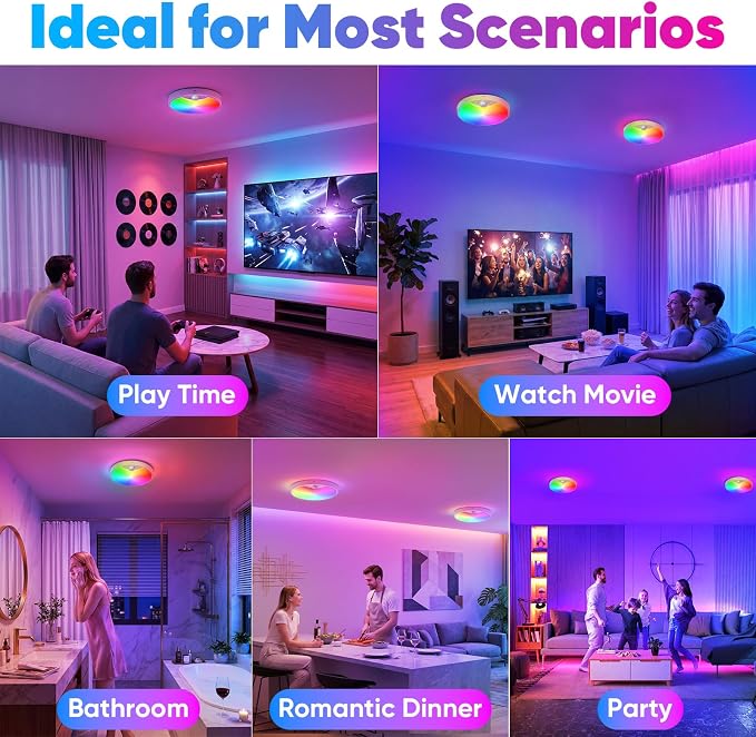 Rechargeable Motion Sensor Ceiling Light, 12000mAh RGB Battery Closet Light | Wireless Battery Powered LED Shower Light, Magnetic Cordless Ceiling Light with Remote, Overhead Lamp for Pantry Shed, 2-Pack