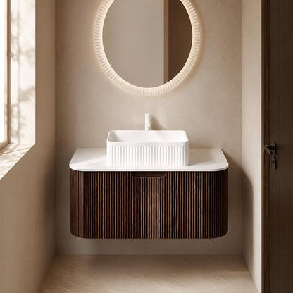 36 Inch Bathroom Vanity with Sink, Floating Wall Mounted Single Sink Vanity, Dark Walnut Curved Fluted Front, Stone Top, White Textured Rectangular Vessel Basin, Pre-Assembled