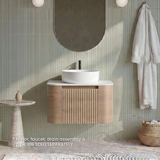 24" Preassembled Floating Bathroom Vanity with Round Sink, Oak | Mid-Century Modern Style, Fluted & Soft-Close Drawer with U-shaped Wall, Sinterted Stone Countertop, Towel Rack Included