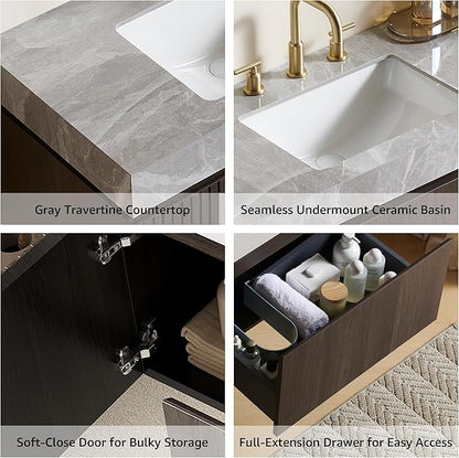 30” Floating Bathroom Vanity with Sink, Wall-Mounted Cabinet with Drawer & Doors, Gray Travertine-Pattern Sintered Stone Top, Undermount Basin, 3 Faucet Hole, Soft-Close, Pre-Assembled, Dark Oak