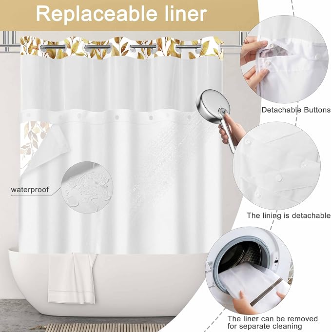 No Hook Shower Curtain and Liner Set, Yellow Eucalyptus 71x74 | Floral Design, with Snap in Liner, Waterproof, Machine Washable, Quick-Drying, for Hotel Bathroom