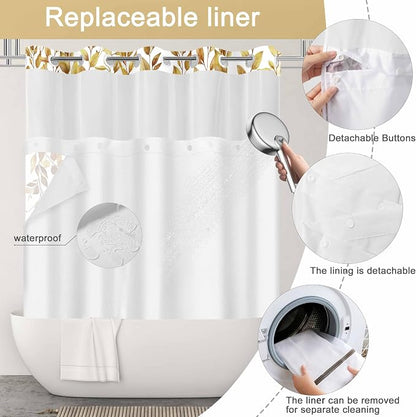 No Hook Shower Curtain and Liner Set, Yellow Eucalyptus 71x74 | Floral Design, with Snap in Liner, Waterproof, Machine Washable, Quick-Drying, for Hotel Bathroom