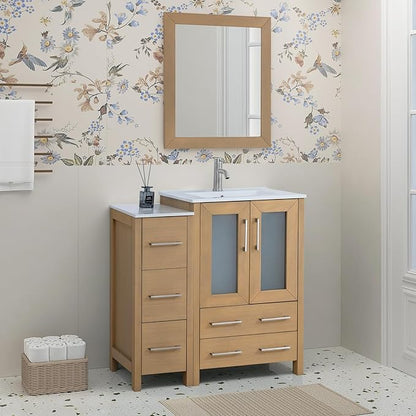 HOMEBEYOND 36 Inch Modern Bathroom Vanity with Sink & Mirror, Single Vanity Cabinet with Basin and Mirror, Dove-Tailed Drawers, Soft-Closing Doors, Wood, Natural Oak