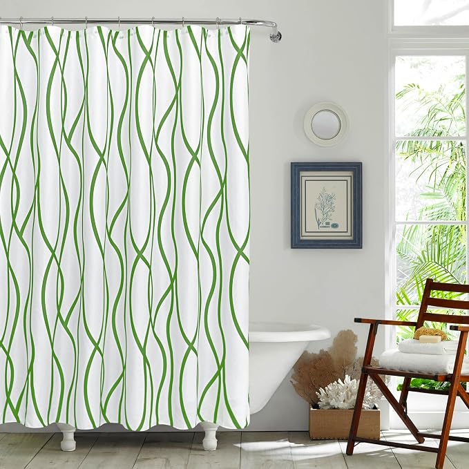 Fabric Modern Shower Curtain-Sage and White Shower Curtains for Bathroom | 72"W x 72"L Textured Faux Linen Luxury Hotel Quality Washable-Abstract Wavy Cloth Bath Curtain-Apartment Minimalist Decor