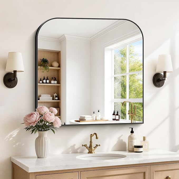 YIROMAN Bathroom Mirrors for Over Sink,36"x36" Black Bathroom Vanity Mirror | Thin Brushed Aluminum Frame,HD tempered glass, Rectangular,Rounded & Right-angle Corners,Sink,Entryway,Bedroom