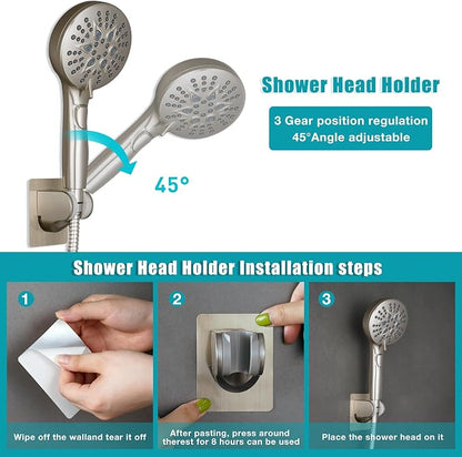GwernKB Handheld Shower Head with ON OFF Switch & 79in Stainless Steel Hose | Built-in Power Spray,7-mode High Pressure Spray with Bracket & Extra No Drilling Shower Holder for Lower Mount,Brushed Nickel