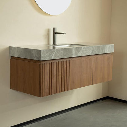 48 Inch Floating Bathroom Vanity with Sink, Wall-Mounted Farmhouse Bathroom Vanity with Drawer and Doors, Light Gray Sintered Stone Countertop and Ceramic Basin, Pre-Assembled,Brown Oak