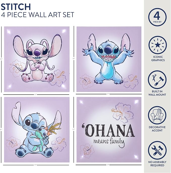 Disney Stitch 4-Pack Canvas LED Wall Art Set,Children’s Hanging Wall Décor for Bedroom & Playroom, Each Piece 11" x 11"