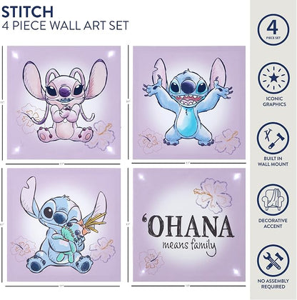 Disney Stitch 4-Pack Canvas LED Wall Art Set,Children’s Hanging Wall Décor for Bedroom & Playroom, Each Piece 11" x 11"