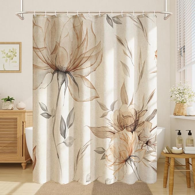 Light Brown Floral Linen Shower Curtain, Watercolor Botanical, 72 x 72 | Boho Floral Design, Watercolor Botanical Style, Ink Painting Flowers & Leaves, Linen Blend Fabric Curtain