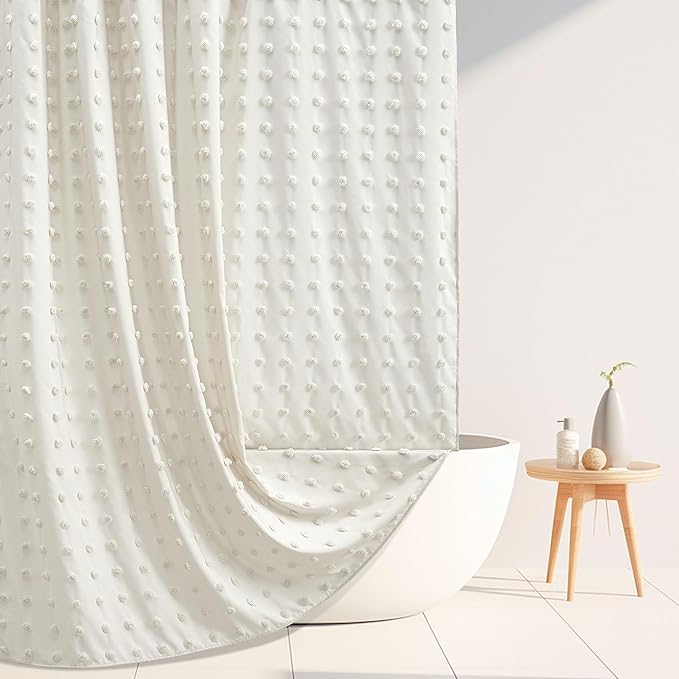 Extra Long Boho Farmhouse Cream Shower Curtain Woven Fabric 84 Inch Ivory Shower Curtain, 72 x 84 Tufted Pleat Floral Puffs Textured Modern Minimalist Ivory Shower Curtain Set with Hooks for Bathroom