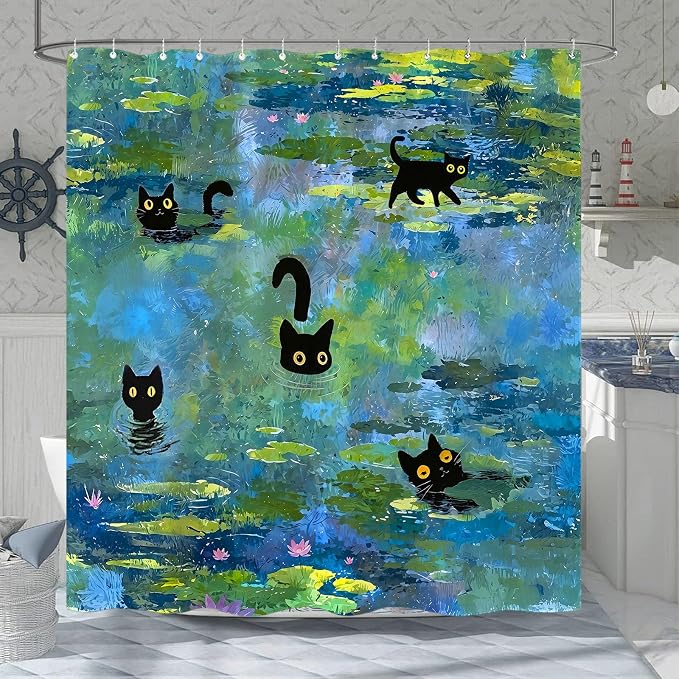 Accnicc Cute Cat Shower Curtain 84 Inch Extra Long Funny Fun Cool Cats Monet Shower Curtains for Bathroom Water Lilies Waterproof Fabric Bath Curtain Decor