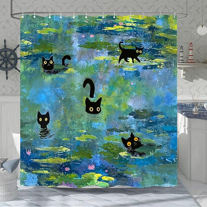 Accnicc Cute Cat Shower Curtain 84 Inch Extra Long Funny Fun Cool Cats Monet Shower Curtains for Bathroom Water Lilies Waterproof Fabric Bath Curtain Decor