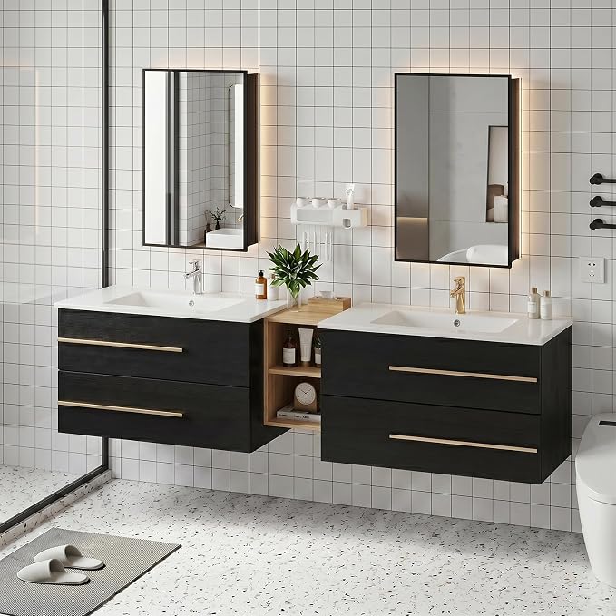 84 Inch Floating Double Sink Bathroom Vanity with Sink Combo, Modern Wall-Mounted Vanities Cabinet with Large Soft-Closing Drawers, Double Vanity Sinks for Bathrooms, Black&Natural