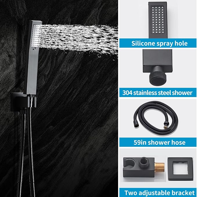 Matte Black Shower Faucet Set with Tub Spout 8 Inch, | with 2 Hooks, Tub and Shower Faucet Combo, Rain Shower and Handheld Shower System Square Wall Mount for Bathroom