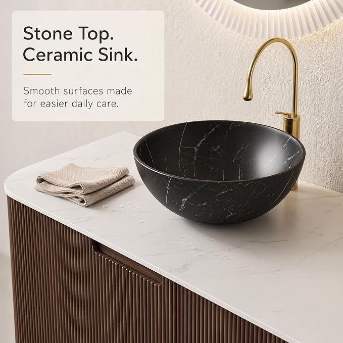 60 Inch Double Sink Bathroom Vanity, Floating Wall Mounted Cabinet, Dark Walnut Curved Fluted Front, Stone Top, Dual Black Marble Vessel Basins, Pre-Assembled