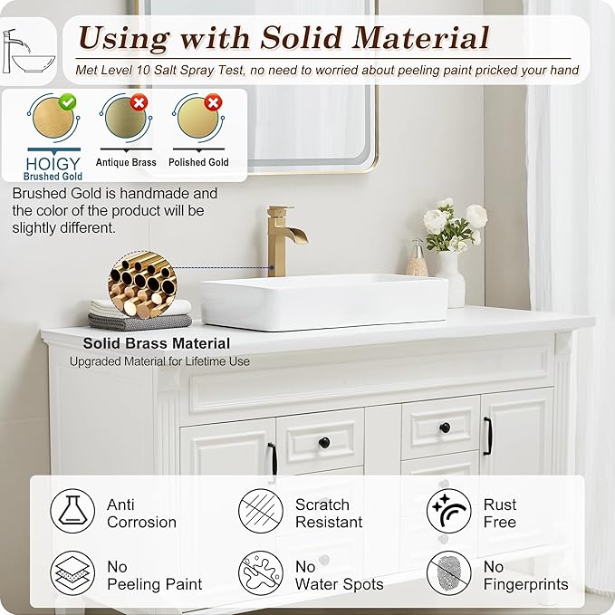 Brass Vessel Sink Faucets, Brushed Gold Tall Bathroom Faucet Single Handle, 1 Hole Bathroom Sink Faucet Waterfall Farmhouse Single Faucet Bathroom Sink with Pop-Up Drain & Pre-Installed Hoses