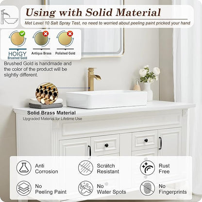 Brass Vessel Sink Faucets, Brushed Gold Tall Bathroom Faucet Single Handle, 1 Hole Bathroom Sink Faucet Waterfall Farmhouse Single Faucet Bathroom Sink with Pop-Up Drain & Pre-Installed Hoses
