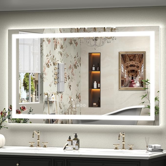60x36 LED Lighted Bathroom Mirror for Vanity Wall | Front Light and Backlit, Anti-Fog, Memory, 3 Color, Tempered Glass, Dimmable, Rectangular, UL, Horizontal/ Vertical Mounted