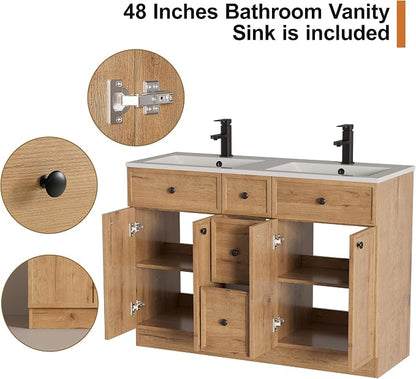 LUCKWIND 48" Farmhouse Bathroom Vanity with Sink Combo, Rustic Modern Bathroom Cabinet with Undermount Solid Surface Double Sink, Soft-Close Hinges & Water-Saving Faucet, Natural