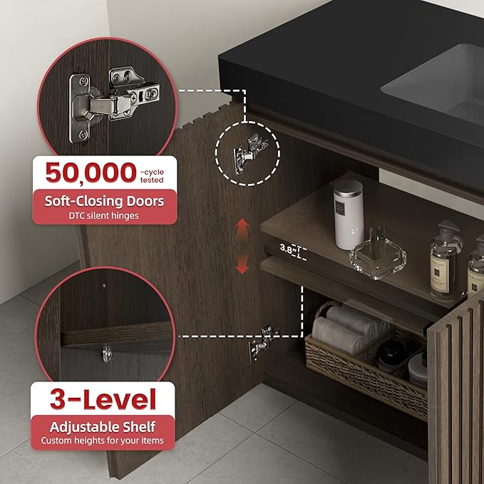 48" Bathroom Vanity with Sink, Freestanding Single Sink Bathroom Vanity with Black Engineered Stone Top & Open Side Storage, Soft-Closing Doors with Adjustable Shelf, Smoked Oak Brown