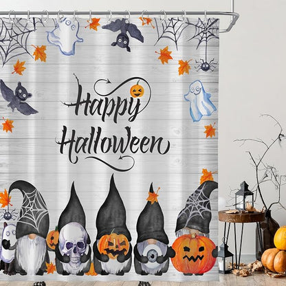 Halloween Cute Funny Gnomes Spooky Pumpkin Shower Curtain for Bathroom 72W*72H Inch Farmhouse Rustic Horror Bathtub Skull Ghost Maples Bat Decor Waterproof Polyester Fabric Set with 12 Hooks
