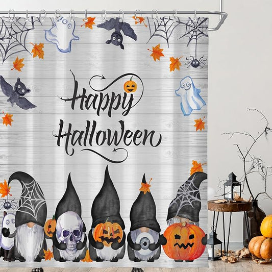 Halloween Cute Funny Gnomes Spooky Pumpkin Shower Curtain for Bathroom 72W*72H Inch Farmhouse Rustic Horror Bathtub Skull Ghost Maples Bat Decor Waterproof Polyester Fabric Set with 12 Hooks