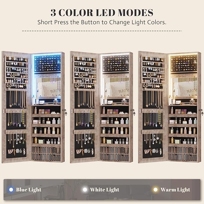 Vlsrka 47.2" LED Jewelry Cabinet, Wall Mounted Jewelry Mirror Organizer | Over The Door Hanging Jewelry Armoire Organizer, Lockable Mirror with Jewelry Storage, 4 Drawers, 5 Shelves for Women (Wood)