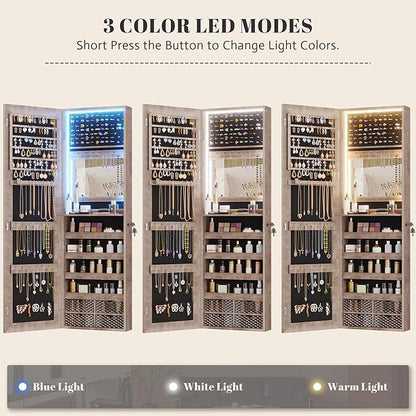 Vlsrka 47.2" LED Jewelry Cabinet, Wall Mounted Jewelry Mirror Organizer | Over The Door Hanging Jewelry Armoire Organizer, Lockable Mirror with Jewelry Storage, 4 Drawers, 5 Shelves for Women (Wood)
